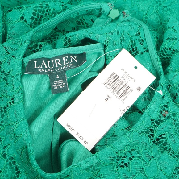 NWT $155 Lauren Ralph Lauren Green Flutter Sleeve Lace Dress Size 4 - Picture 4 of 5